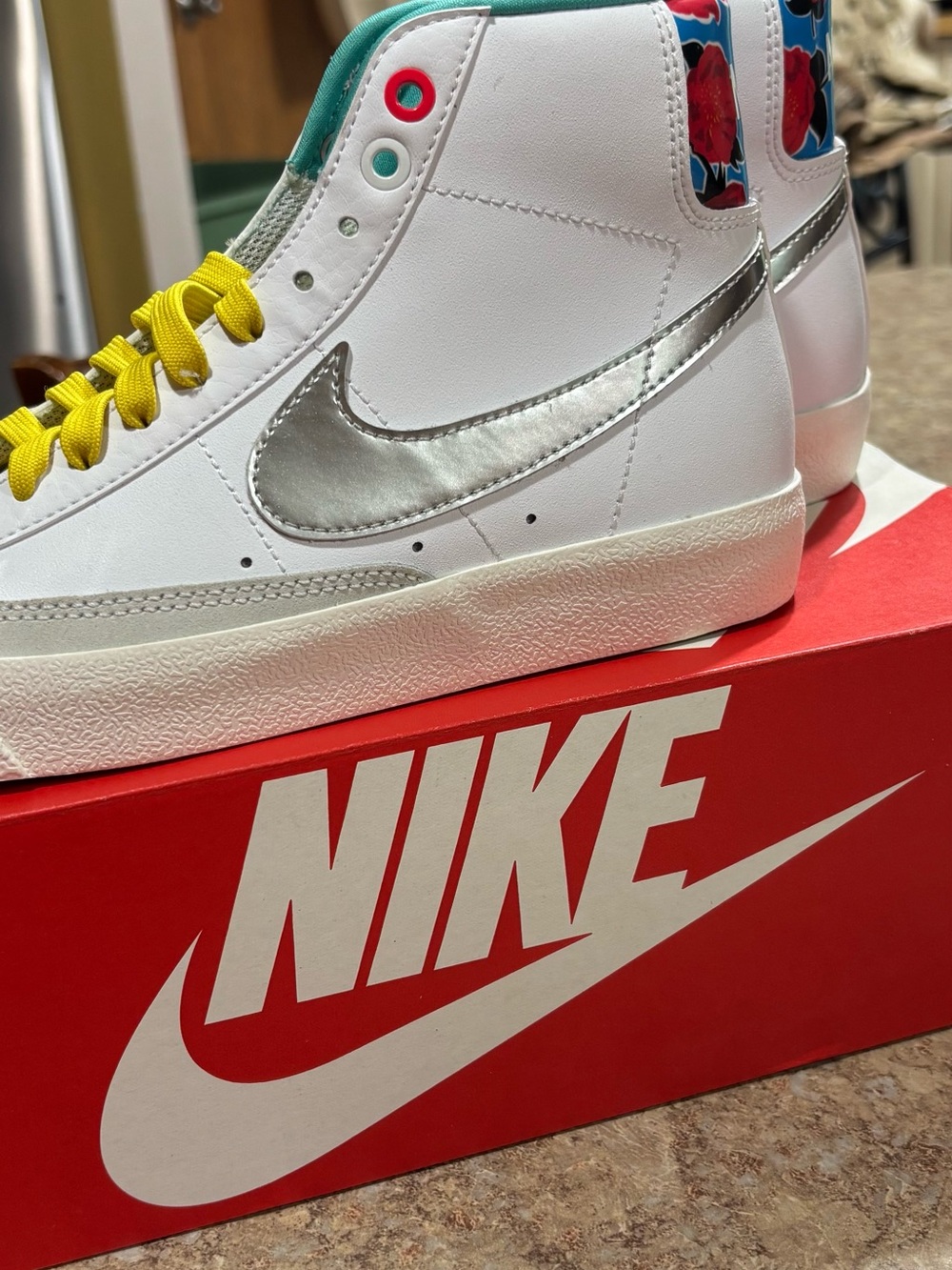 Nike White High-Top Sneakers with Silver Swoosh & Yellow Laces